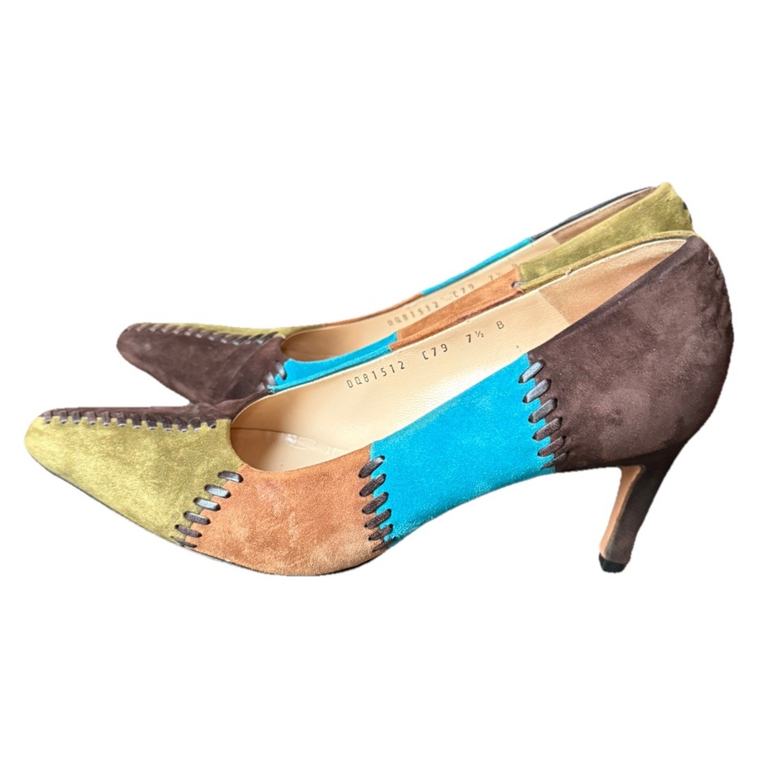 Salvatore Ferragamo Patchwork Suede Pumps 7.5 B Colorblock 90s Whipstitch Heels